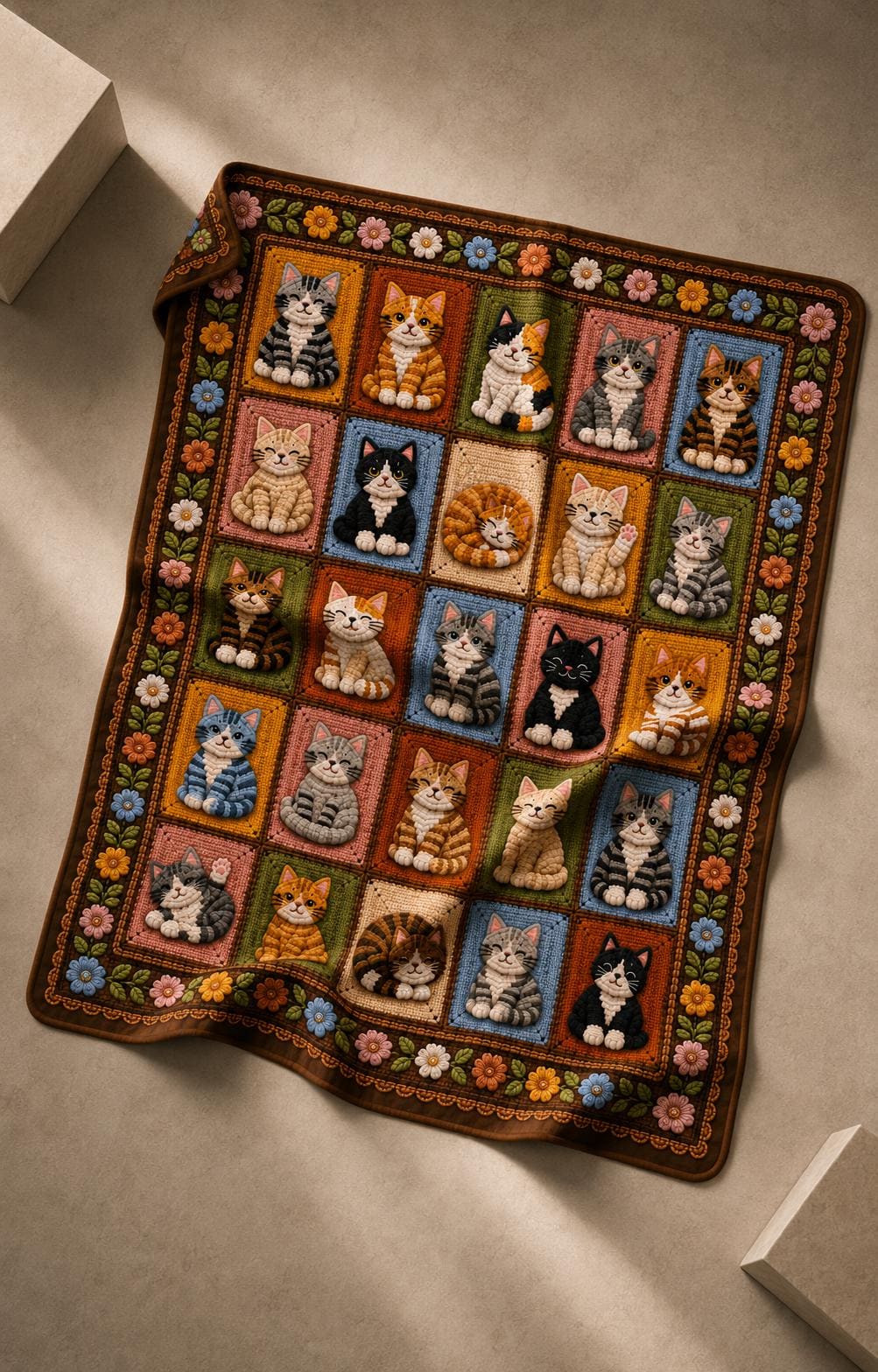 Printed Cat Patchwork Plush Throw Blanket — Crochet-Inspired Design