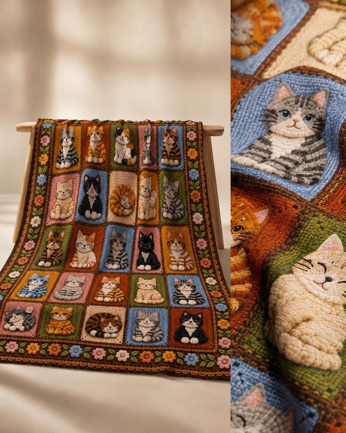 Printed Cat Patchwork Plush Throw Blanket — Crochet-Inspired Design