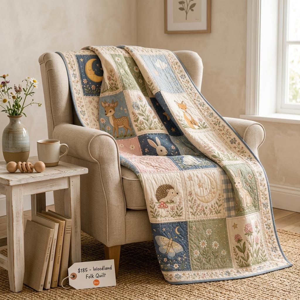 Woodland Animals Quilt Blanket, Cute Forest Creature Patchwork Blanket, Bunny Deer Fox Nursery Bedding, Cottagecore Floral Throw, Baby Gift