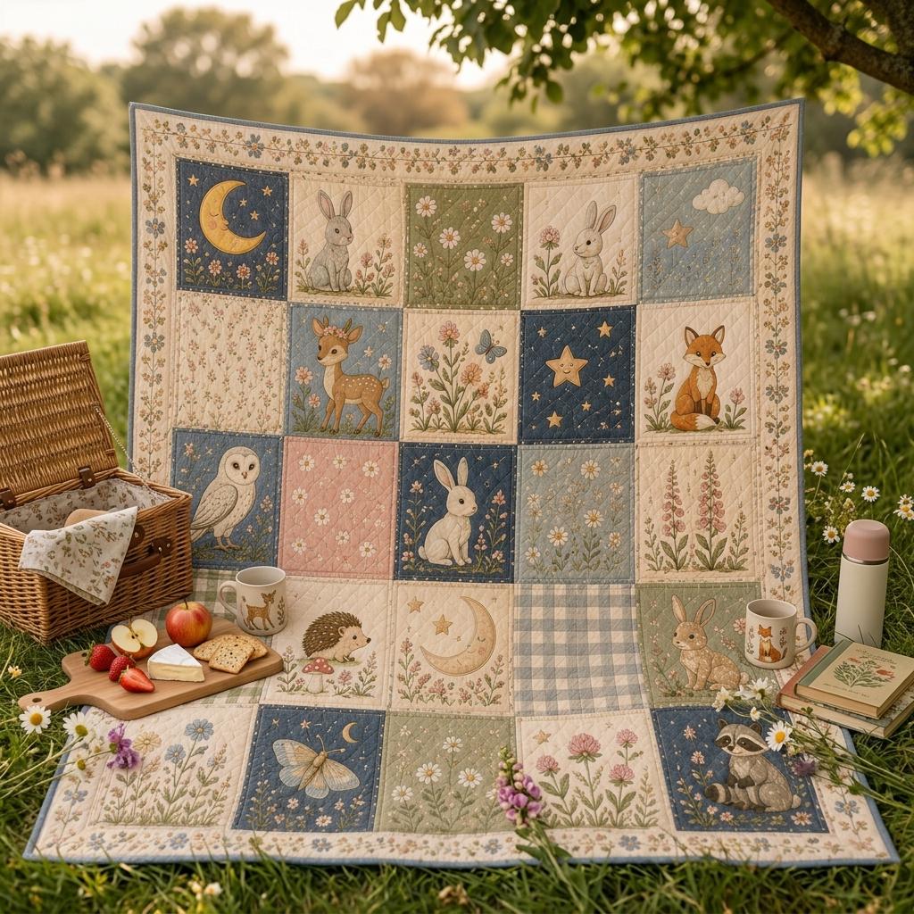 Woodland Animals Quilt Blanket, Cute Forest Creature Patchwork Blanket, Bunny Deer Fox Nursery Bedding, Cottagecore Floral Throw, Baby Gift