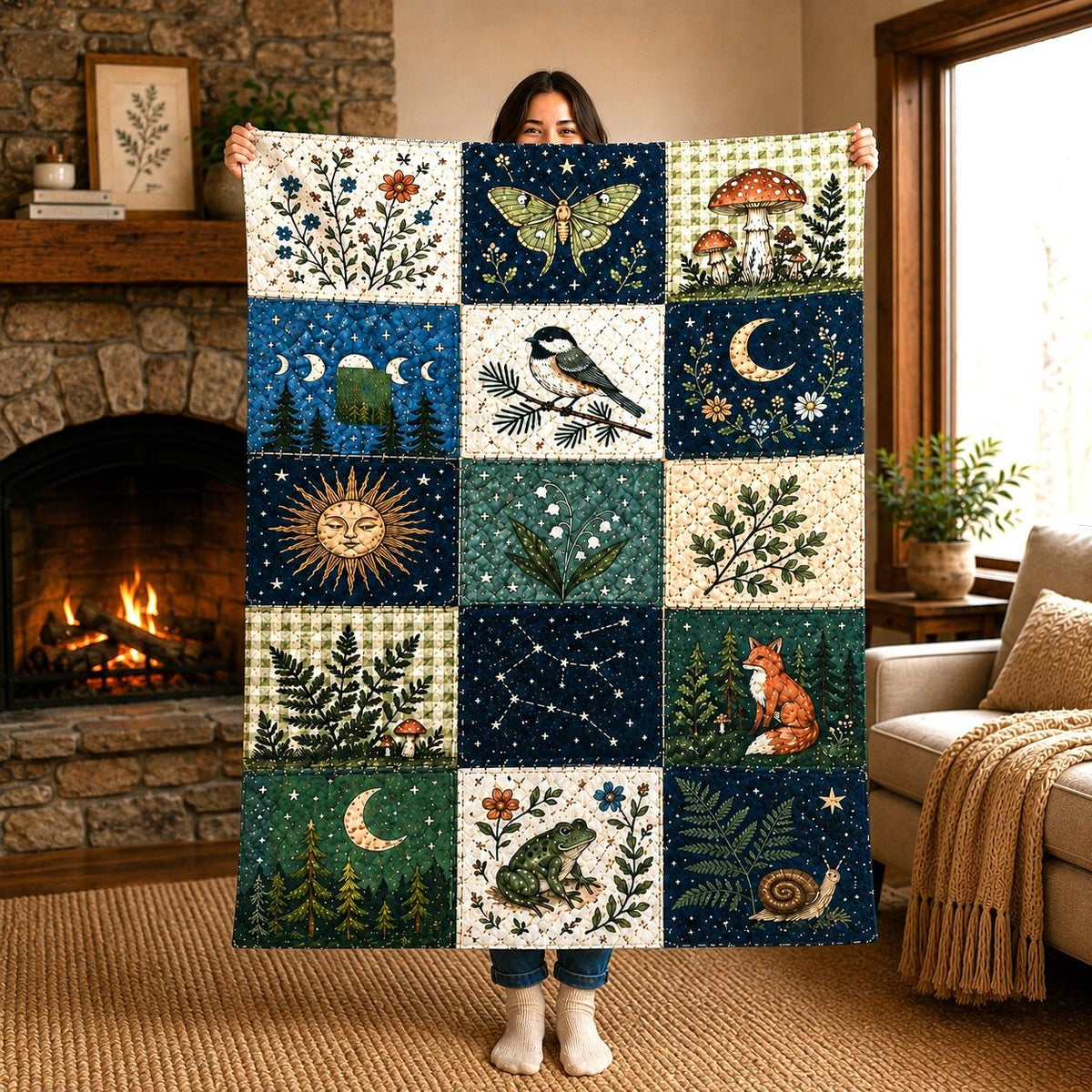Woodland Faux Patchwork Quilt Blanket, Celestial Moon And Stars Throw Blanket, Forest Animal Sherpa Fleece