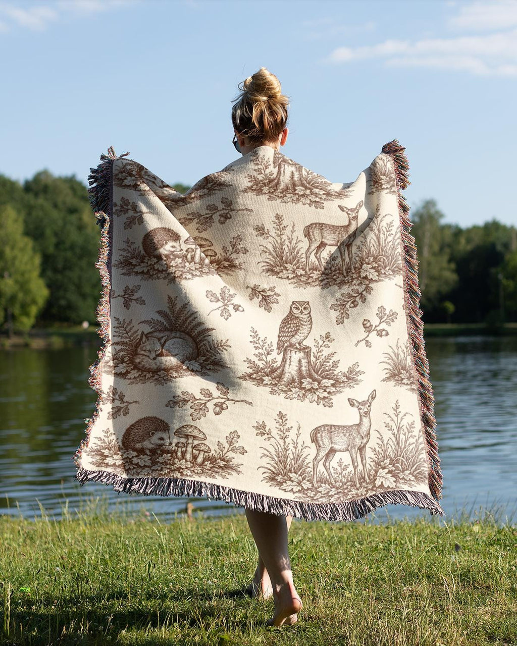 Woodland Toile Woven Blanket, Forest Animal Throw with Fringe, Cottagecore Cabin Decor
