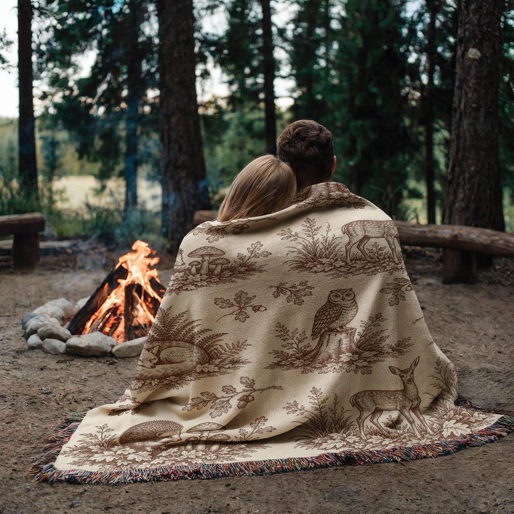 Woodland Toile Woven Blanket, Forest Animal Throw with Fringe, Cottagecore Cabin Decor