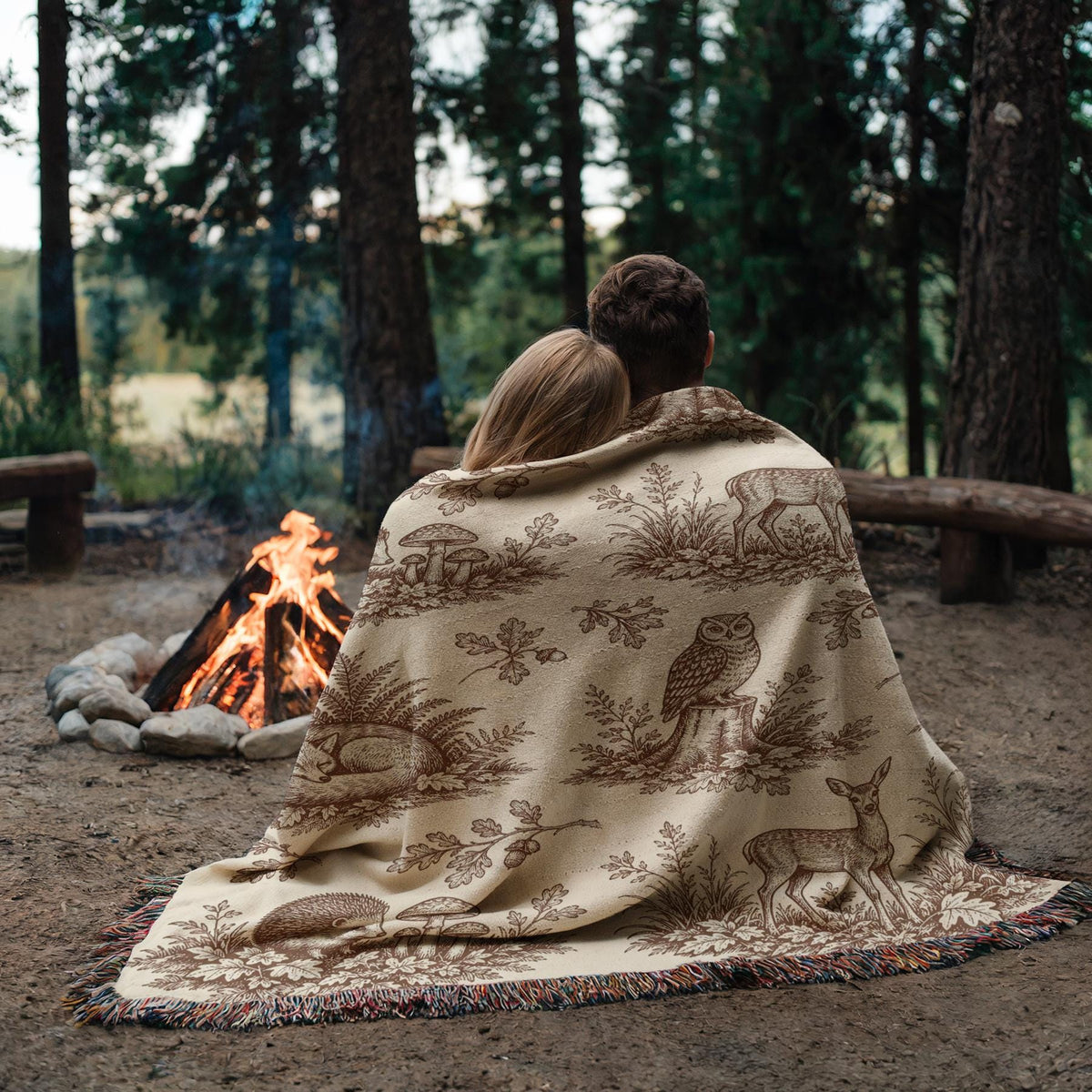 Woodland Toile Woven Blanket, Forest Animal Throw with Fringe, Cottagecore Cabin Decor