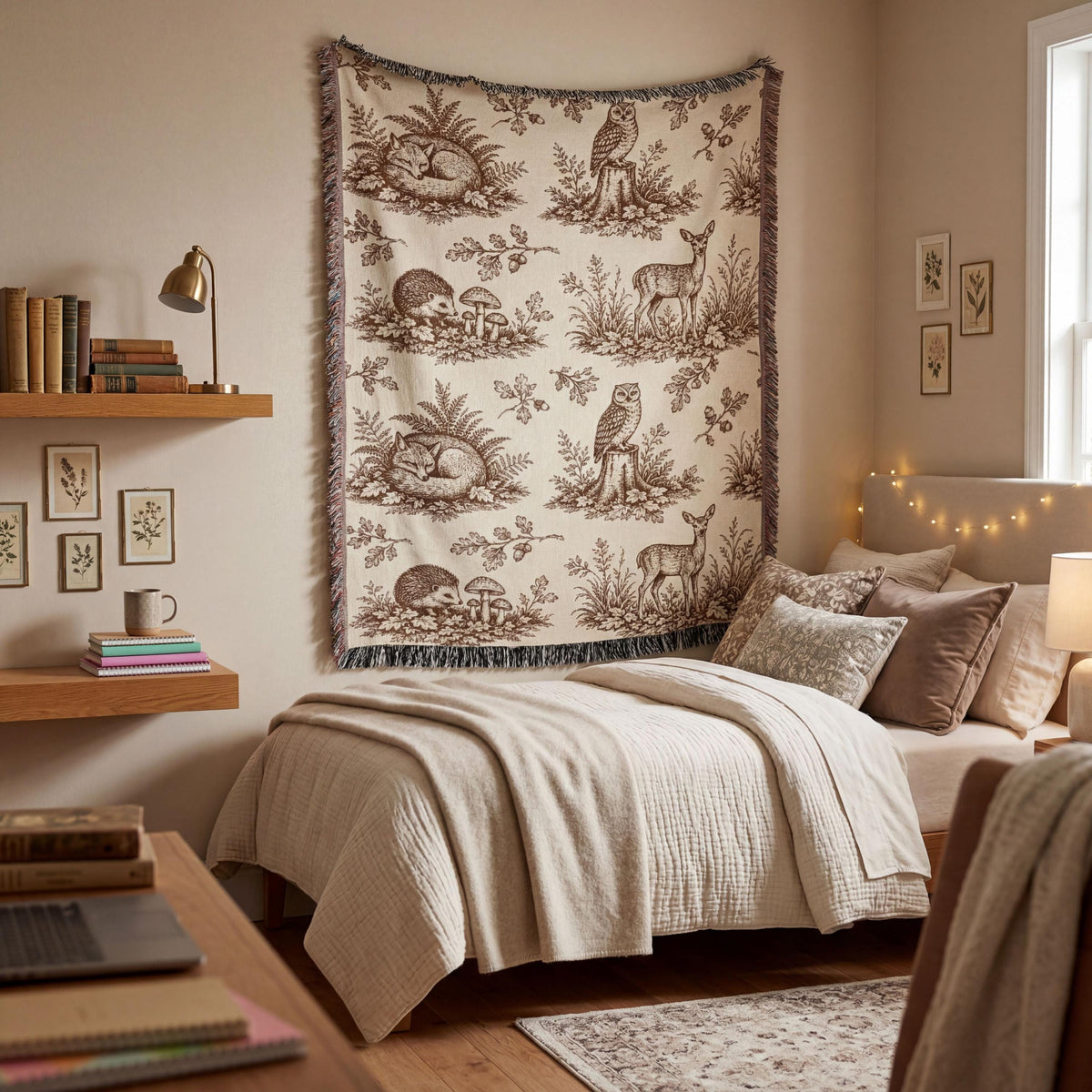 Woodland Toile Woven Blanket, Forest Animal Throw with Fringe, Cottagecore Cabin Decor