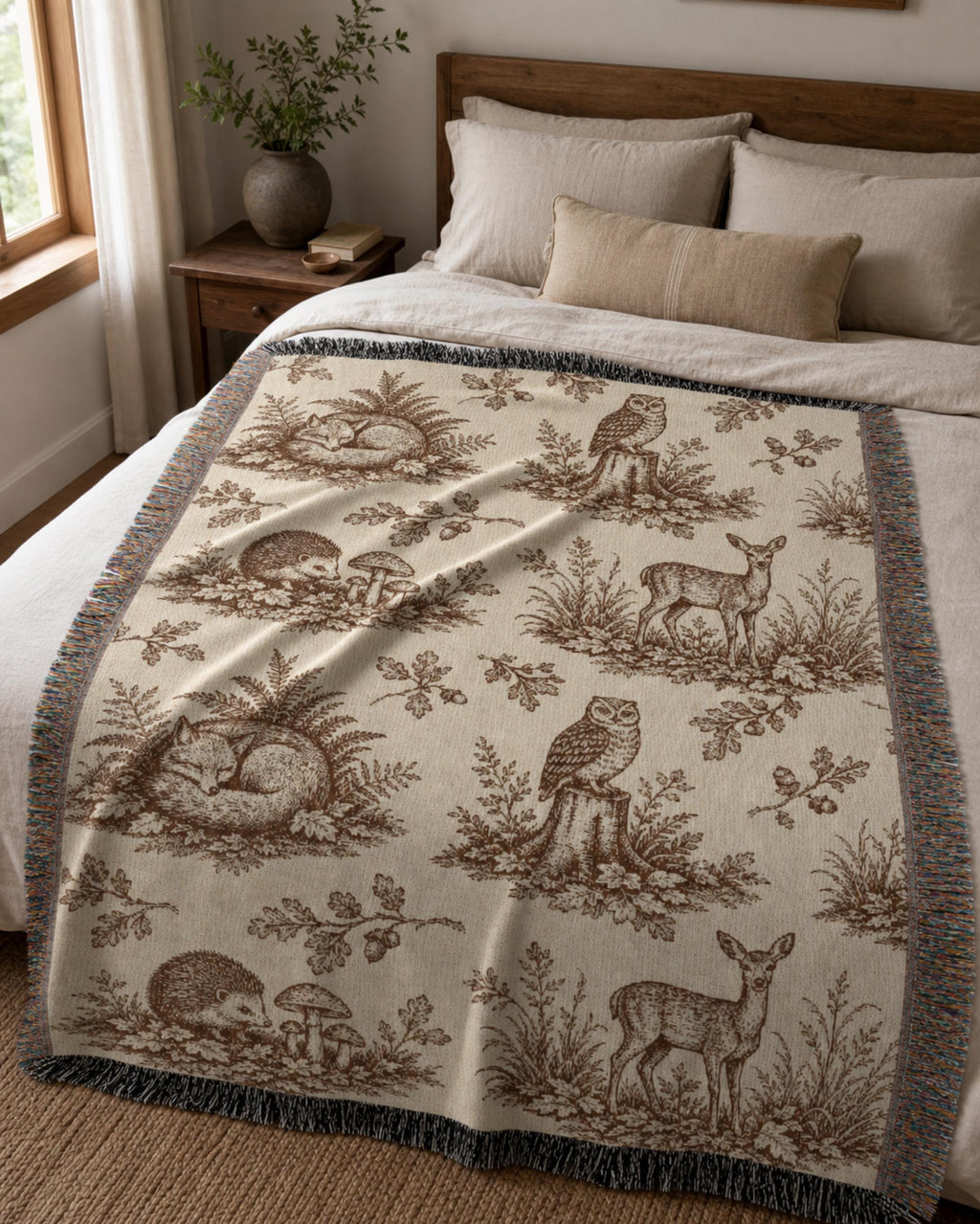 Woodland Toile Woven Blanket, Forest Animal Throw with Fringe, Cottagecore Cabin Decor