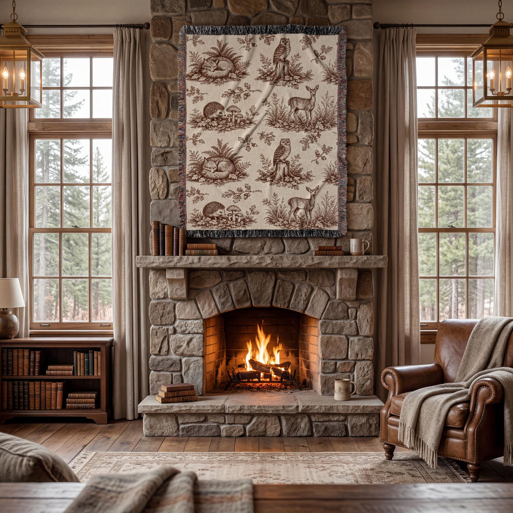 Woodland Toile Woven Blanket, Forest Animal Throw with Fringe, Cottagecore Cabin Decor