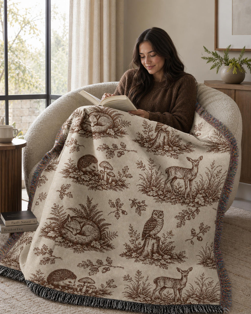 Woodland Toile Woven Blanket, Forest Animal Throw with Fringe, Cottagecore Cabin Decor