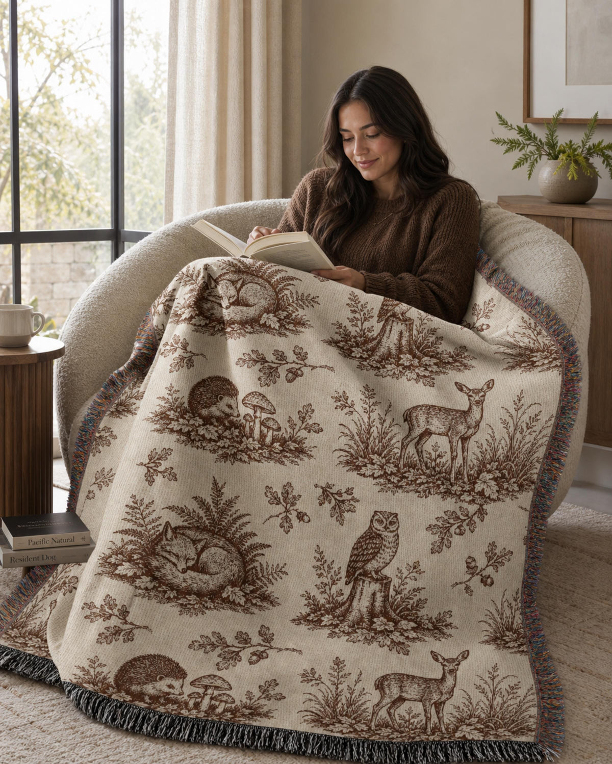 Woodland Toile Woven Blanket, Forest Animal Throw with Fringe, Cottagecore Cabin Decor