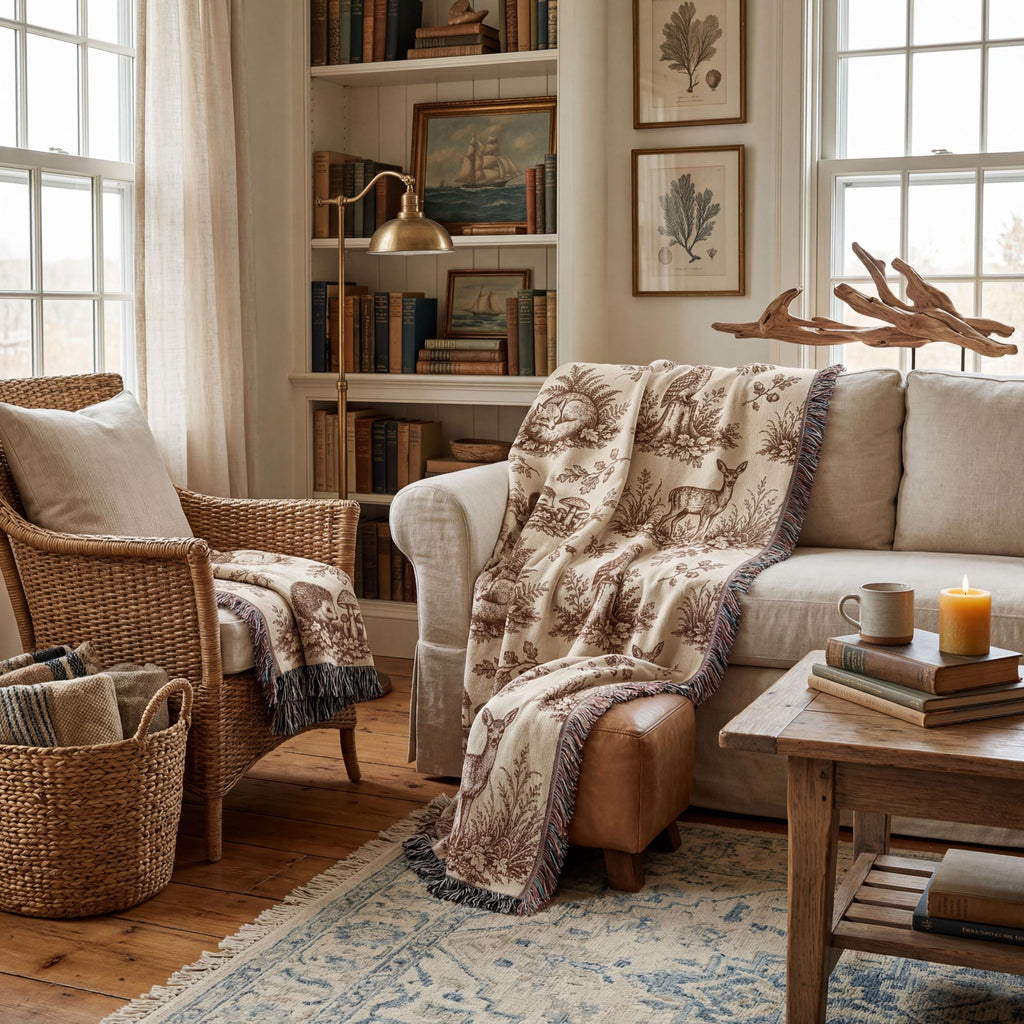 Woodland Toile Woven Blanket, Forest Animal Throw with Fringe, Cottagecore Cabin Decor
