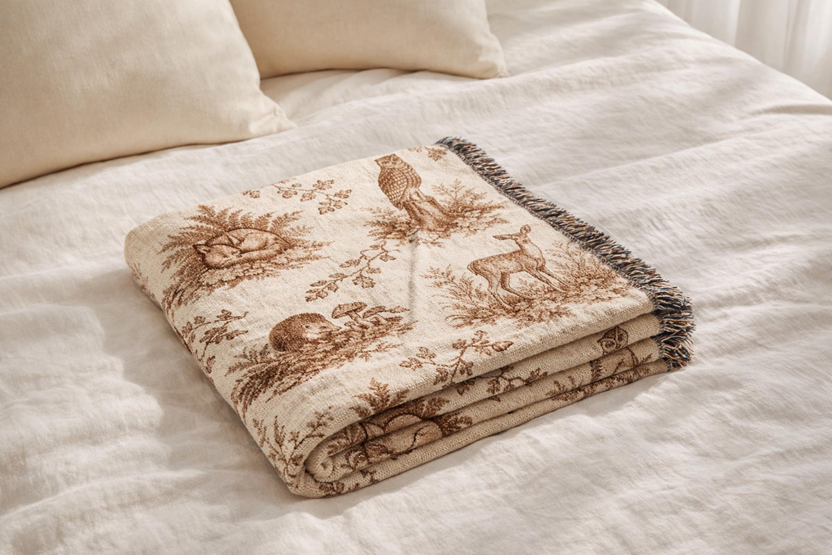 Woodland Toile Woven Blanket, Forest Animal Throw with Fringe, Cottagecore Cabin Decor