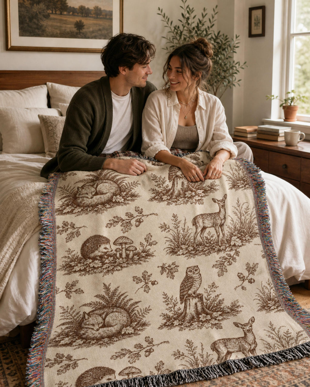 Woodland Toile Woven Blanket, Forest Animal Throw with Fringe, Cottagecore Cabin Decor