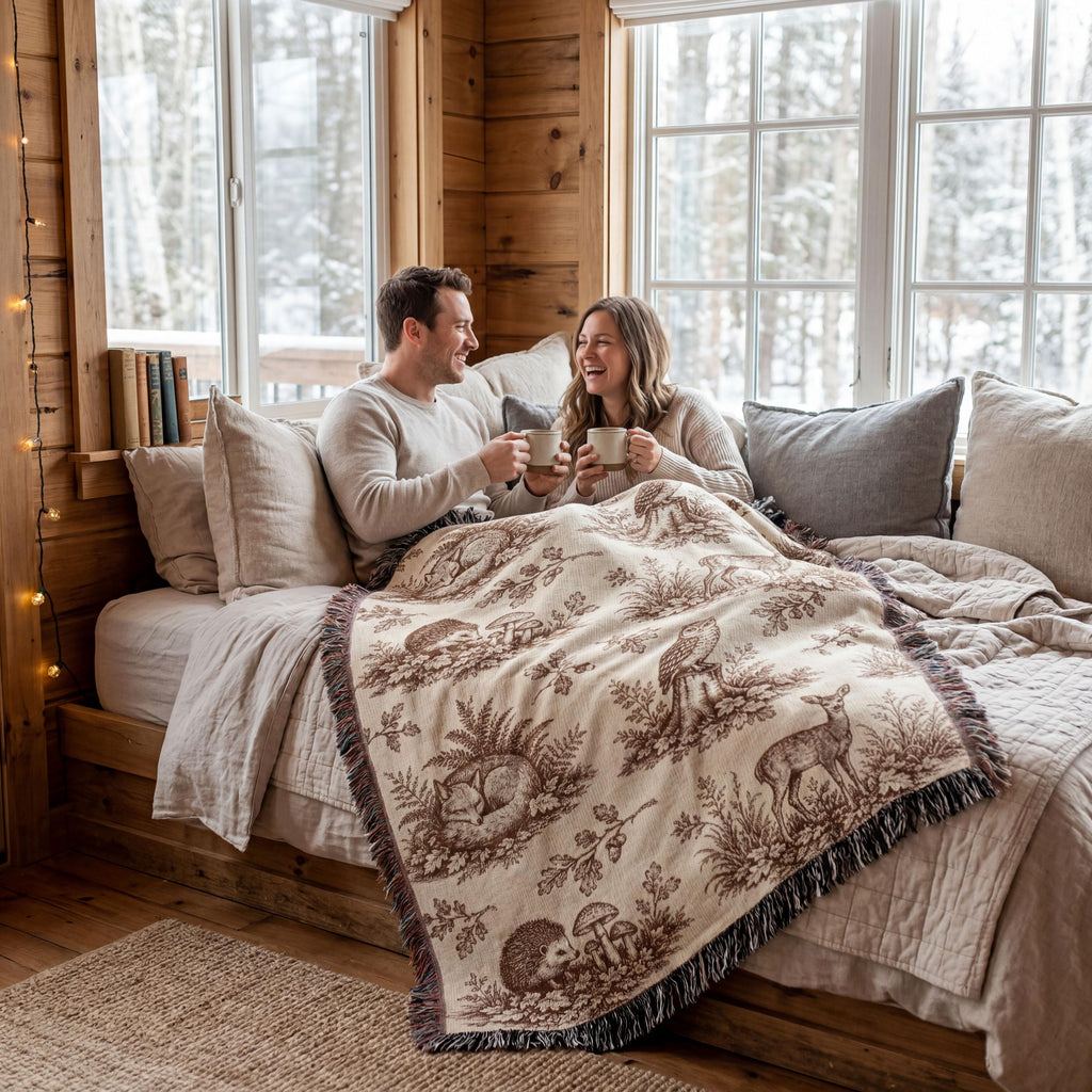 Woodland Toile Woven Blanket, Forest Animal Throw with Fringe, Cottagecore Cabin Decor