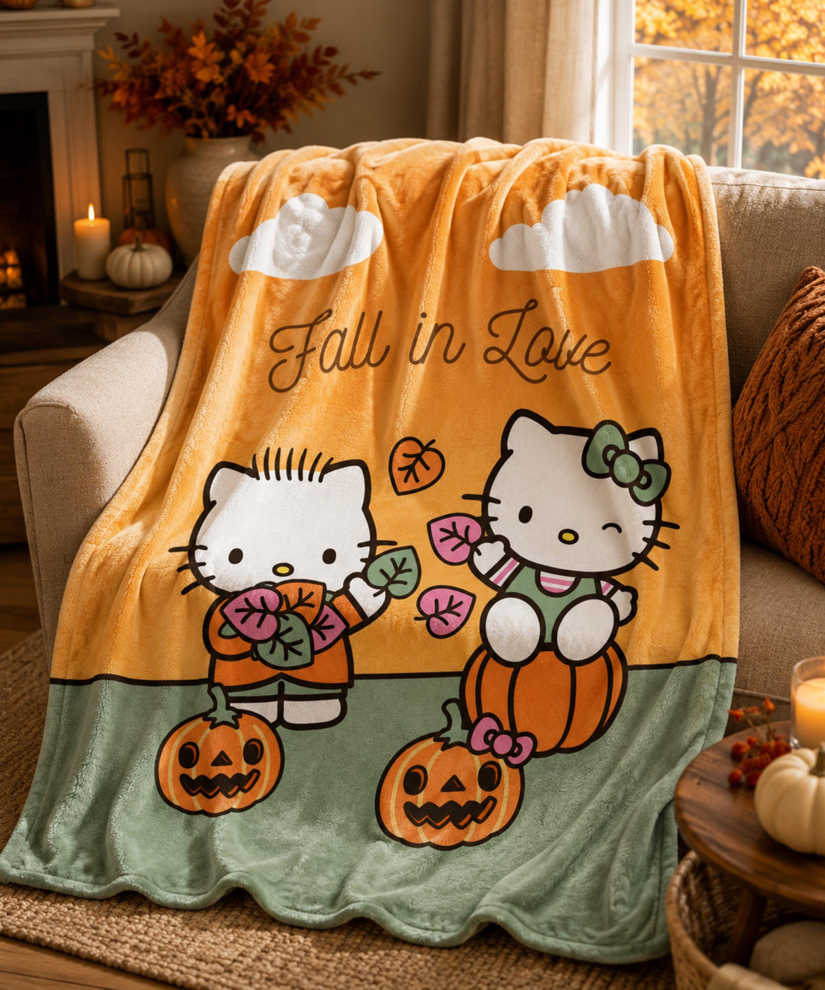 Fall in Love Hello Kitty & Daniel Pumpkin Plush Throw Blanket | Autumn kawaii  Fall Throw