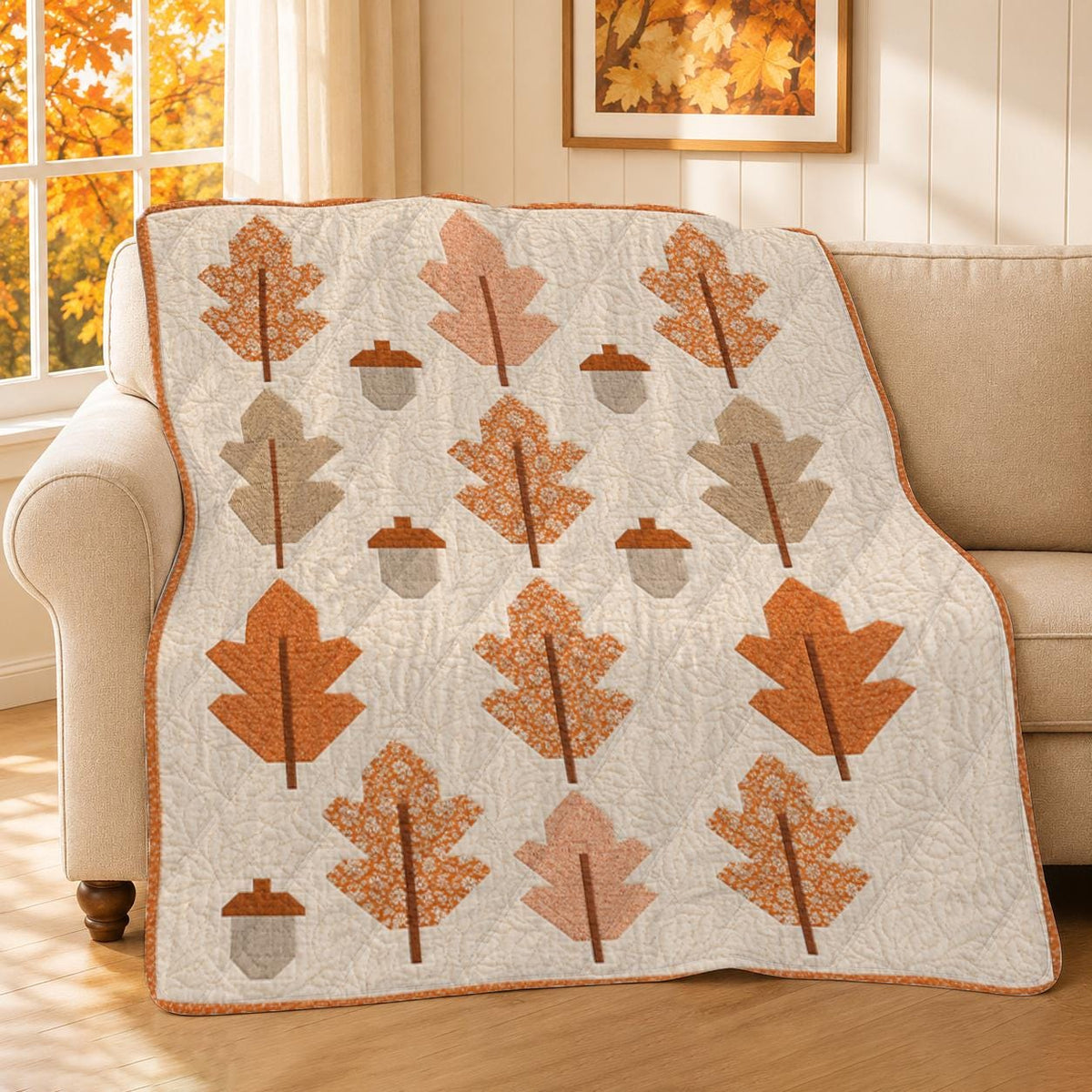 Autumn Leaf Quilt Blanket, Maple Patchwork Throw, Cozy Thanksgiving Home Decor