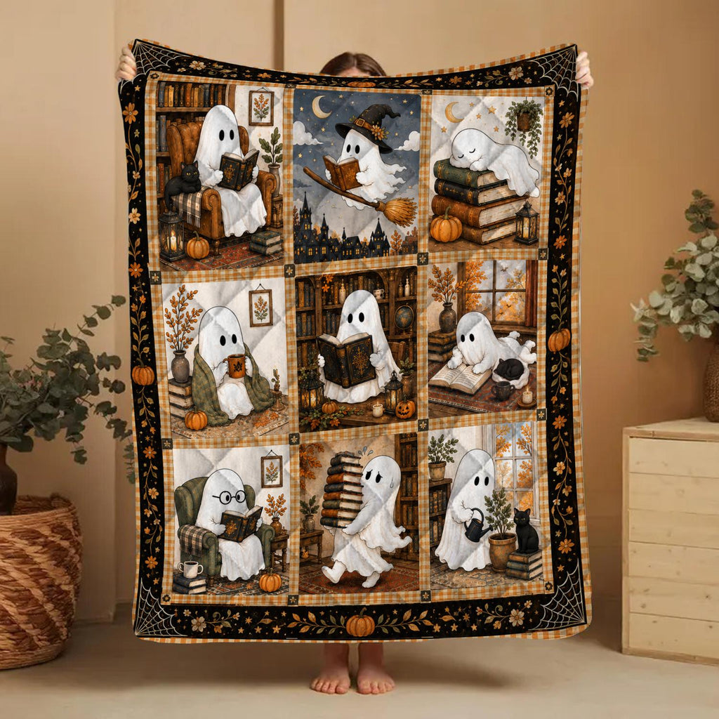 Cute Ghost Reading Quilt Blanket Halloween Book Lover Gift Cozy Spooky Library Throw Fall Boo Crew Bedding Autumn Gifts for Reader Black Cat