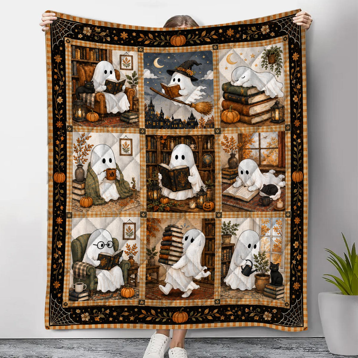 Cute Ghost Reading Quilt Blanket Halloween Book Lover Gift Cozy Spooky Library Throw Fall Boo Crew Bedding Autumn Gifts for Reader Black Cat