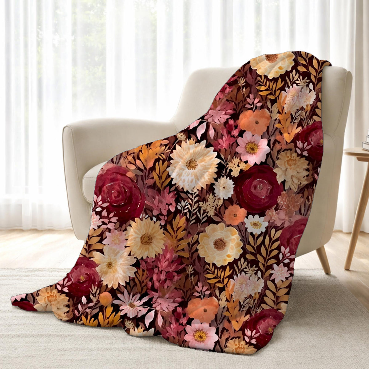 Autumn Burgundy Watercolor Floral Blanket, Fall Botanical Decor, Burgundy & Orange Cozy Blanket, Cottagecore Home Decor,