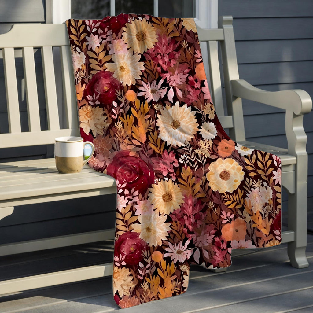 Autumn Burgundy Watercolor Floral Blanket, Fall Botanical Decor, Burgundy & Orange Cozy Blanket, Cottagecore Home Decor,