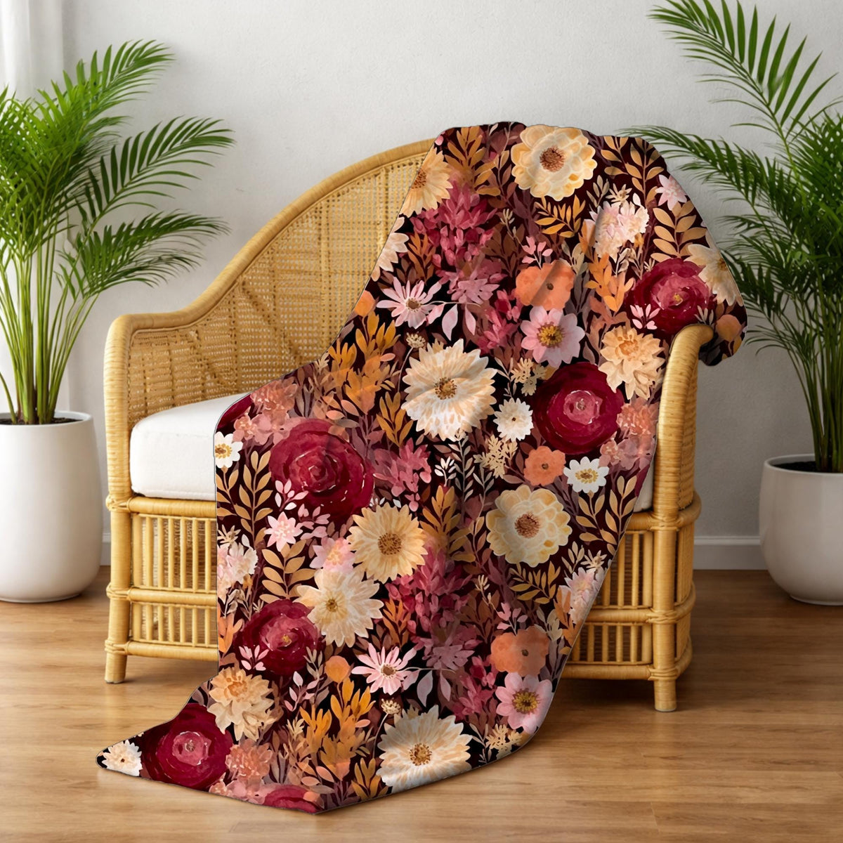 Autumn Burgundy Watercolor Floral Blanket, Fall Botanical Decor, Burgundy & Orange Cozy Blanket, Cottagecore Home Decor,