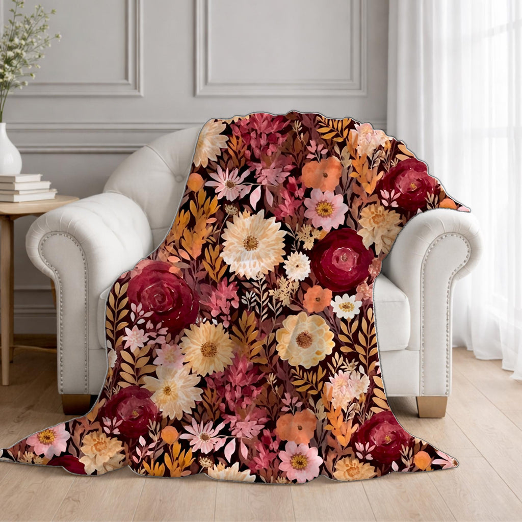 Autumn Burgundy Watercolor Floral Blanket, Fall Botanical Decor, Burgundy & Orange Cozy Blanket, Cottagecore Home Decor,