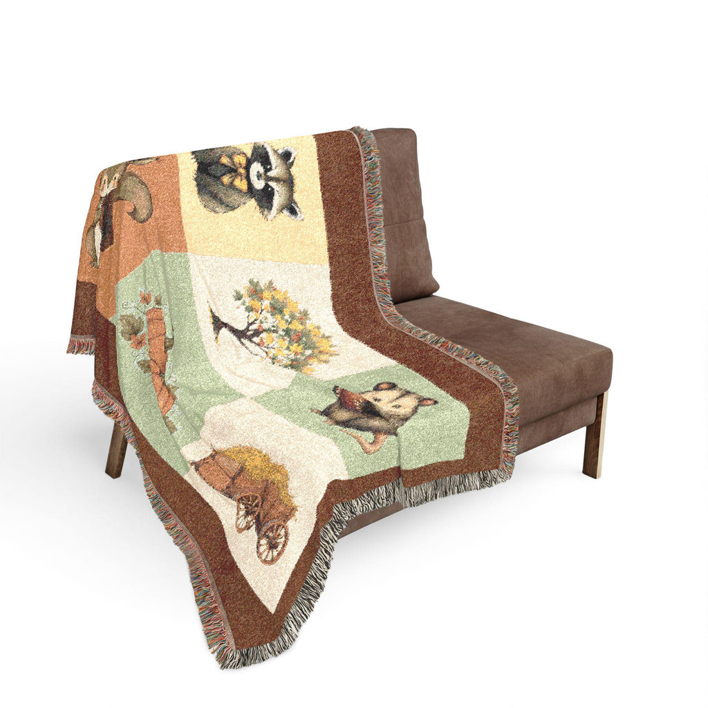 Woodland Animals Patchwork Woven Blanket | Raccoon Squirrel Possum Pumpkins Hay Wagon