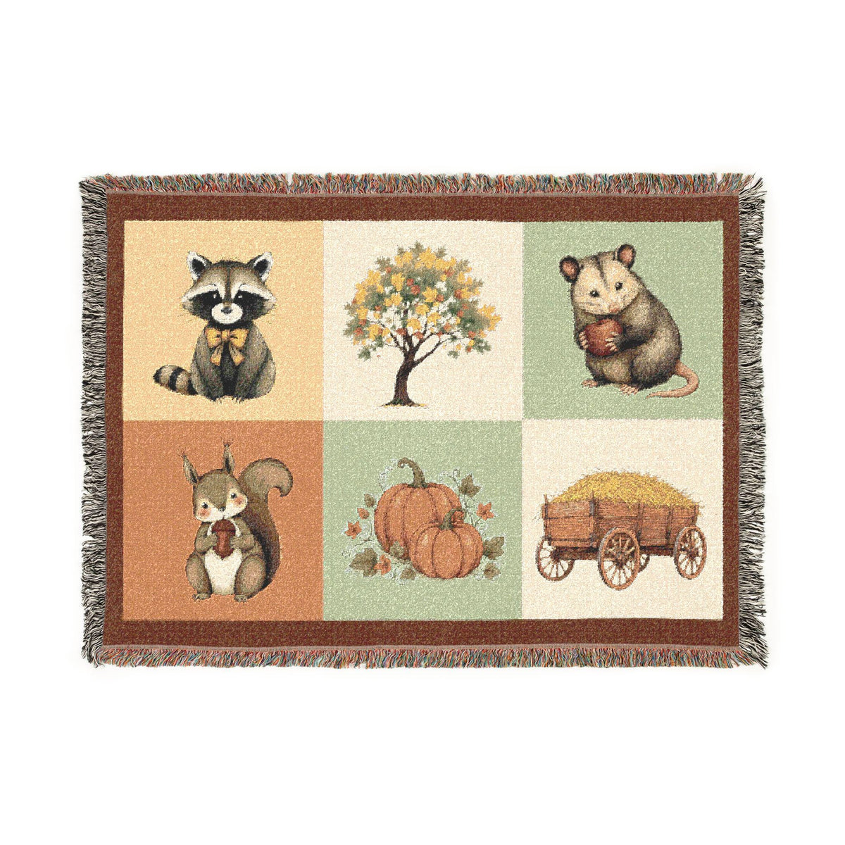 Woodland Animals Patchwork Woven Blanket | Raccoon Squirrel Possum Pumpkins Hay Wagon