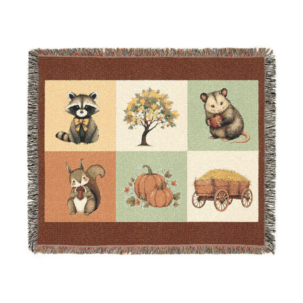 Woodland Animals Patchwork Woven Blanket | Raccoon Squirrel Possum Pumpkins Hay Wagon