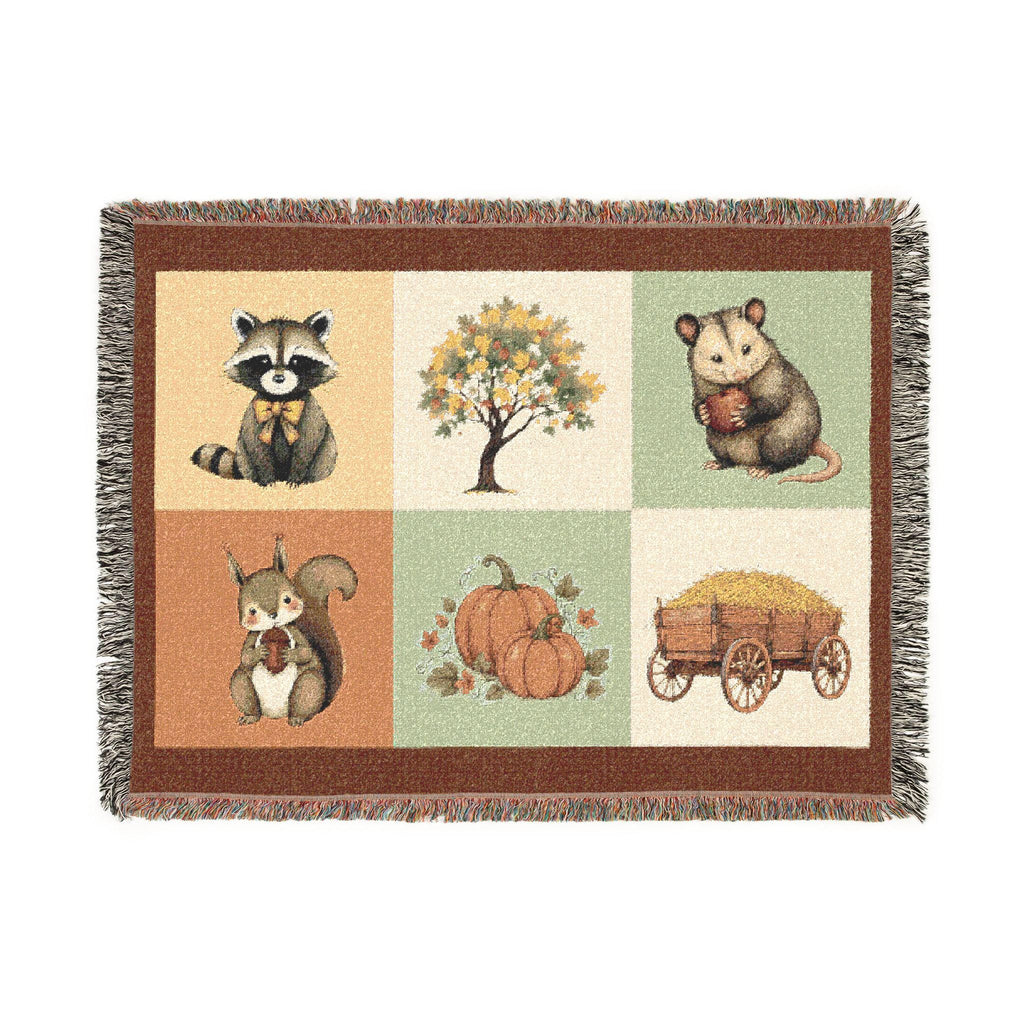 Woodland Animals Patchwork Woven Blanket | Raccoon Squirrel Possum Pumpkins Hay Wagon