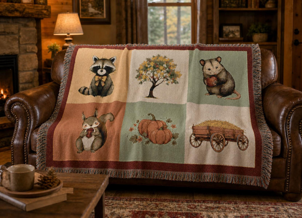 Woodland Animals Patchwork Woven Blanket | Raccoon Squirrel Possum Pumpkins Hay Wagon