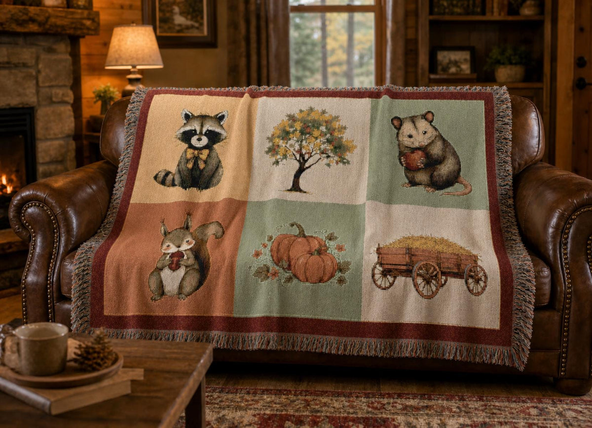 Woodland Animals Patchwork Woven Blanket | Raccoon Squirrel Possum Pumpkins Hay Wagon