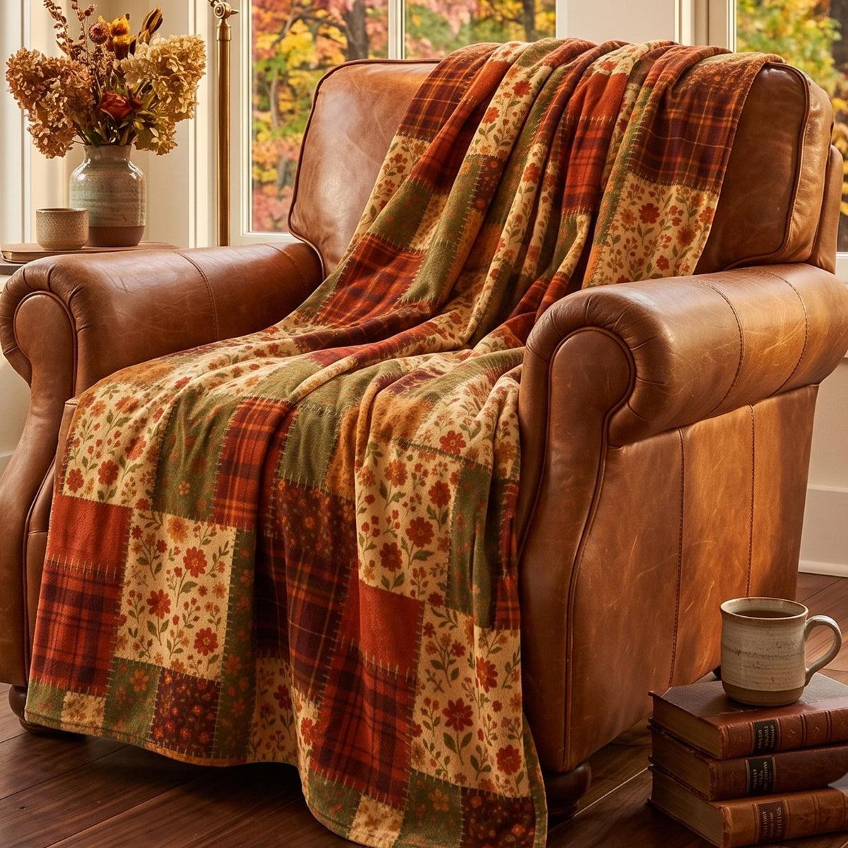 Lightweight Printed Patchwork Plush Blanket, Fall Quilt Style Throw, Rustic Autumn Plaid Floral Blanket, Cozy Farmhouse Thanksgiving Decor