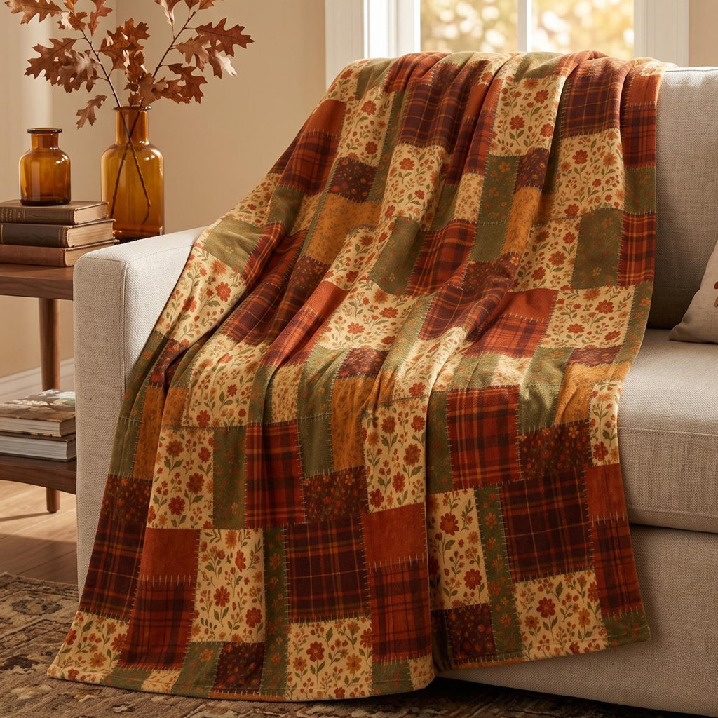 Lightweight Printed Patchwork Plush Blanket, Fall Quilt Style Throw, Rustic Autumn Plaid Floral Blanket, Cozy Farmhouse Thanksgiving Decor