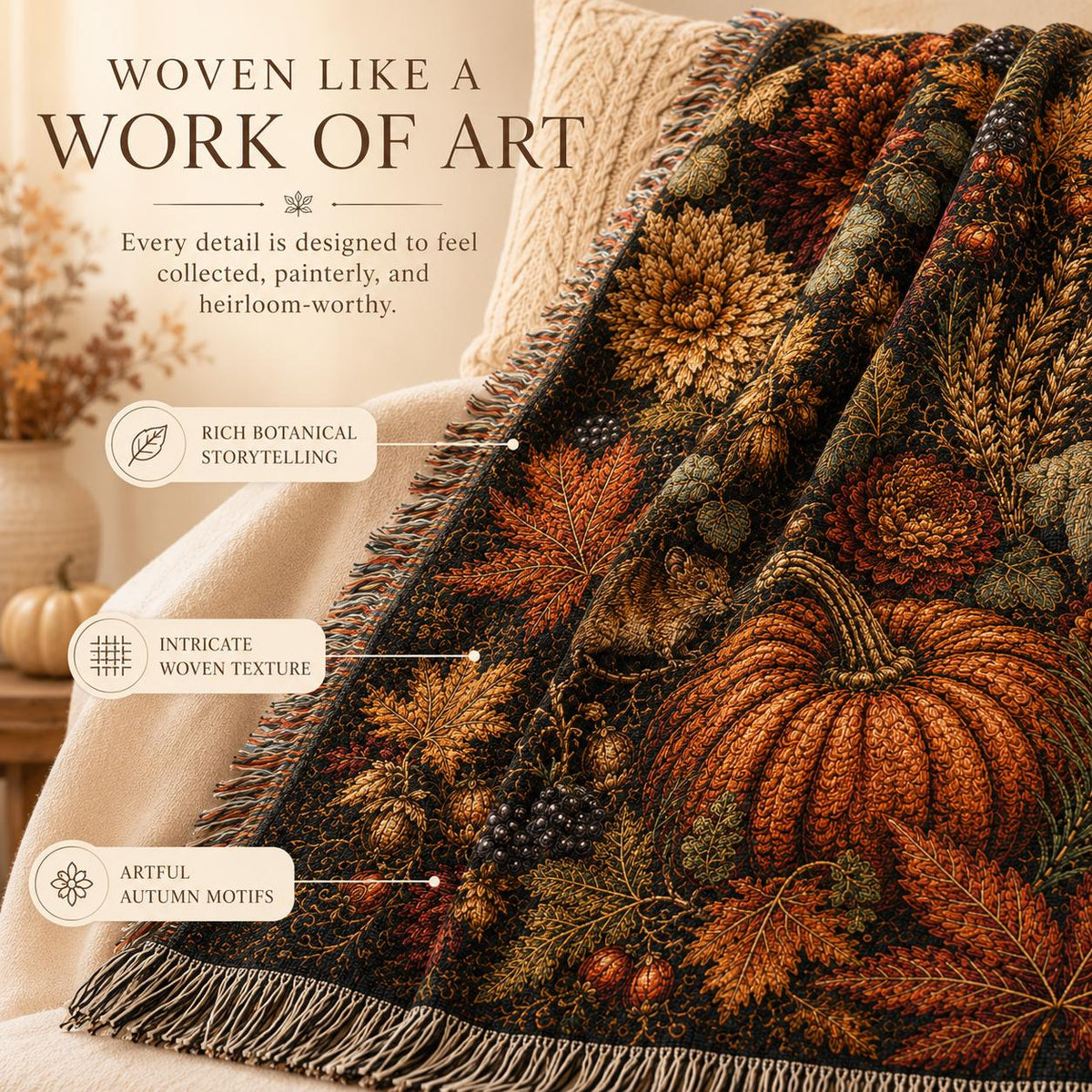 Autumn Nocturne Tapestry Blanket, Dark Fall Woven Throw, Heirloom Pumpkin Botanical Decor, Cottagecore Wall Hanging, Thanksgiving Gift