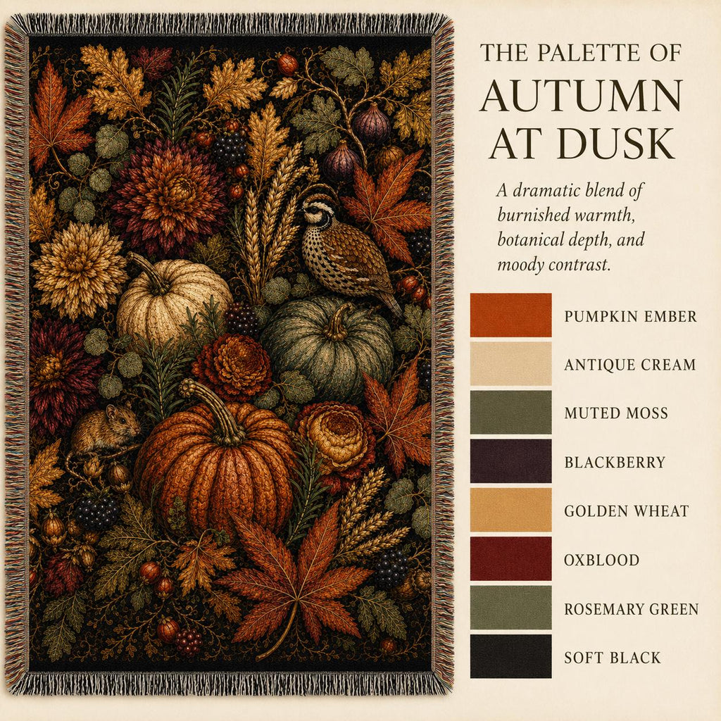 Autumn Nocturne Tapestry Blanket, Dark Fall Woven Throw, Heirloom Pumpkin Botanical Decor, Cottagecore Wall Hanging, Thanksgiving Gift