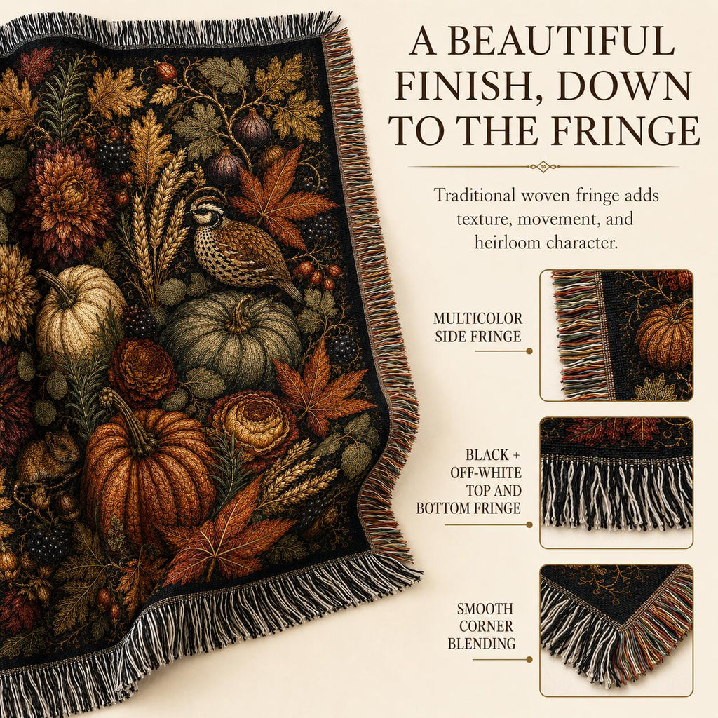 Autumn Nocturne Tapestry Blanket, Dark Fall Woven Throw, Heirloom Pumpkin Botanical Decor, Cottagecore Wall Hanging, Thanksgiving Gift