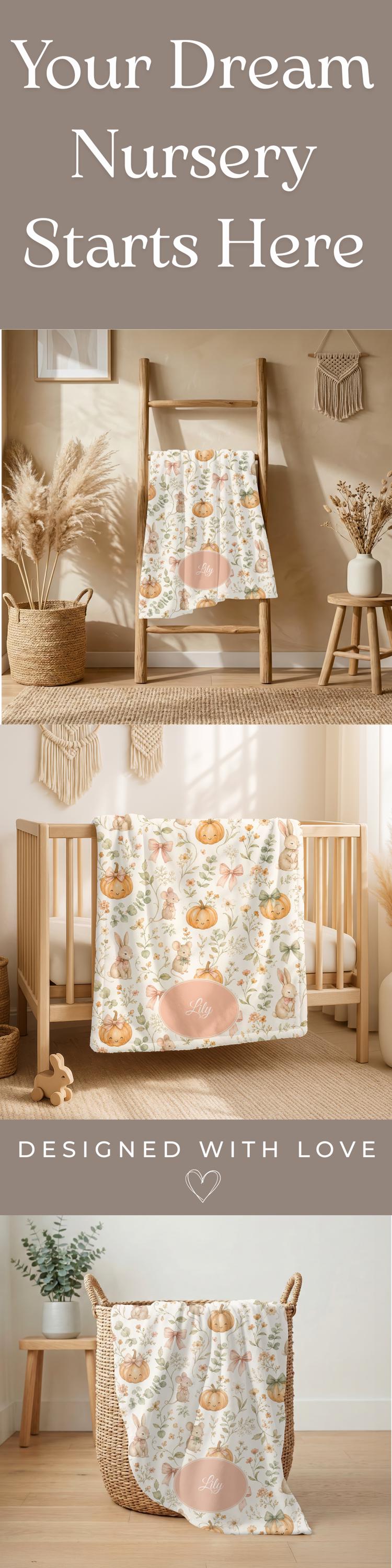 Custom Name Pumpkin Baby Blanket Personalized Cottagecore Keepsake Gift Soft Floral Nursery Plush Baby Shower Gift for New Moms Fall Nursery