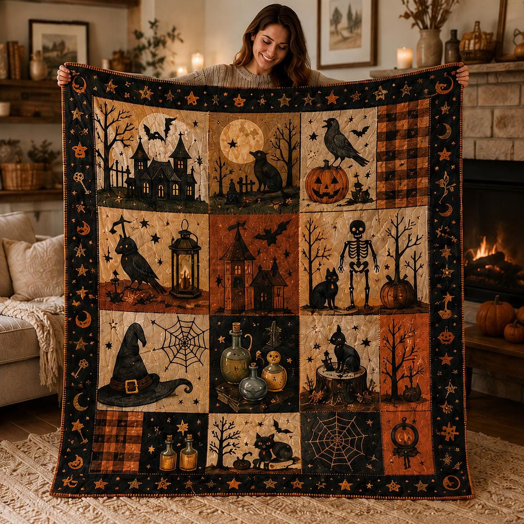 Vintage Halloween Quilt Blanket, Ghost Pumpkin Black Cat Patchwork Throw, Cozy Autumn Bedding, Spooky Season Farmhouse Decor