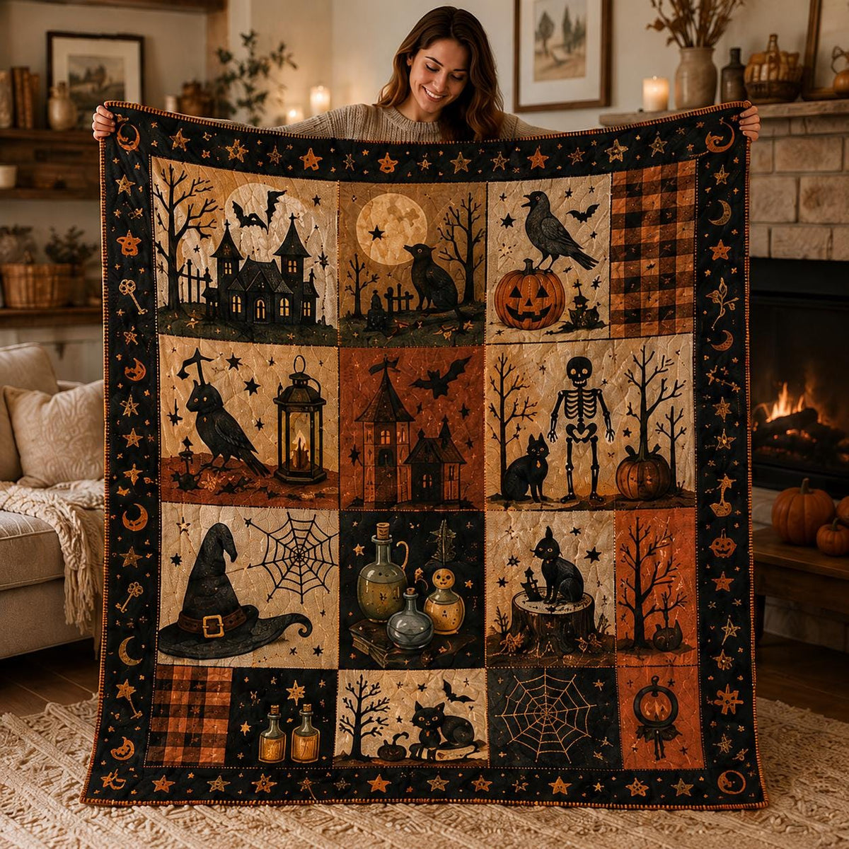 Vintage Halloween Quilt Blanket, Ghost Pumpkin Black Cat Patchwork Throw, Cozy Autumn Bedding, Spooky Season Farmhouse Decor