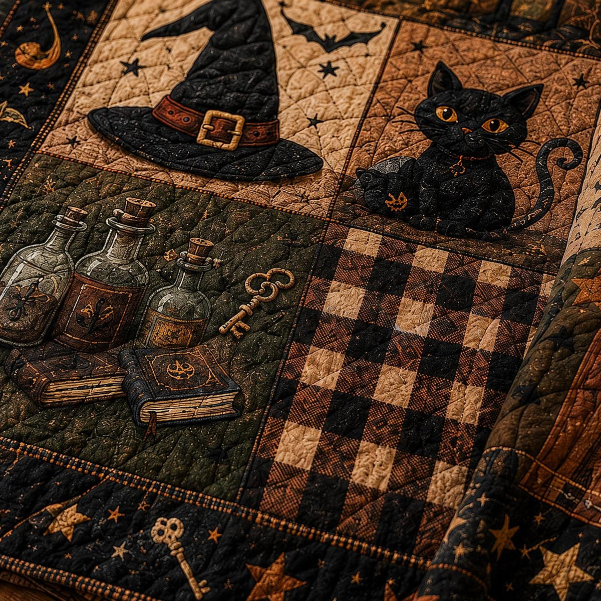 Vintage Halloween Quilt Blanket, Ghost Pumpkin Black Cat Patchwork Throw, Cozy Autumn Bedding, Spooky Season Farmhouse Decor