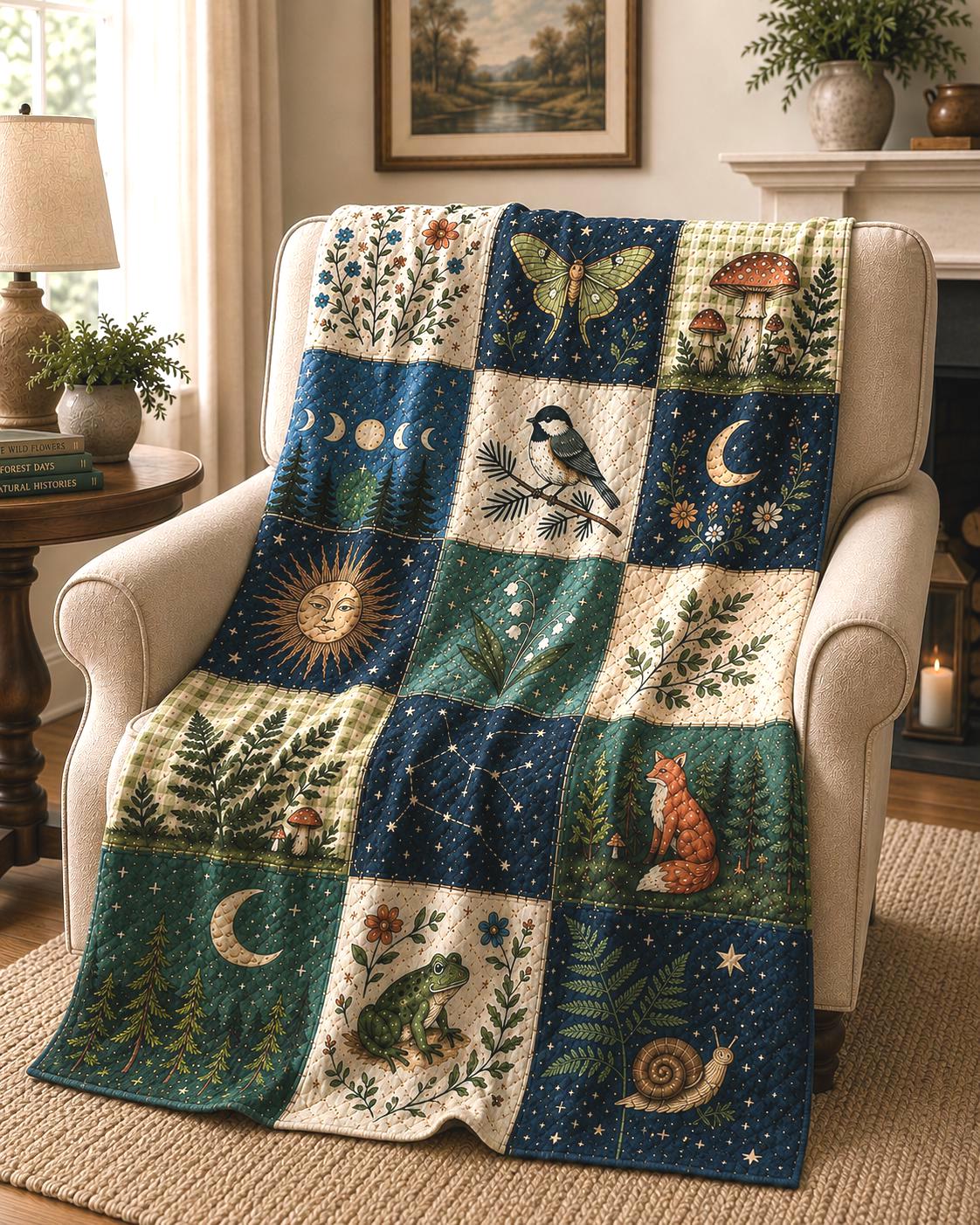 Woodland Faux Patchwork Quilt Blanket, Celestial Moon And Stars Throw Blanket, Forest Animal Sherpa Fleece