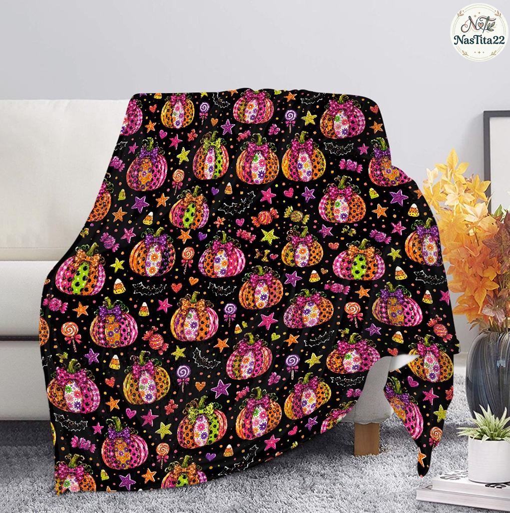 Preppy Colorful Bow Pumpkin Blanket, Coquette Fall Throw Blanket, Leopard Pumpkin Autumn Bedding, Trendy Pumpkin Season Gift,Cute Cozy Decor