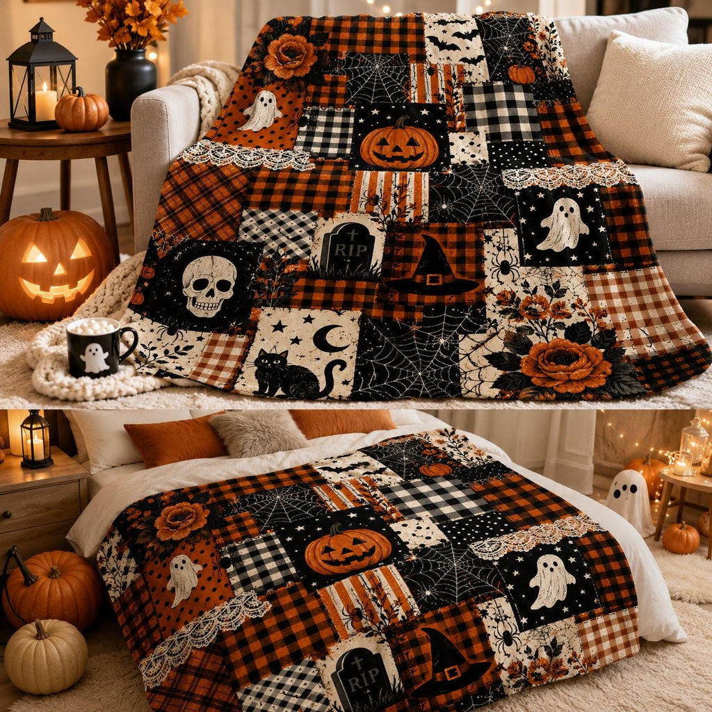 Halloween Patchwork Blanket Custom Pumpkin Ghost Buffalo Plaid Spooky Fall Cozy