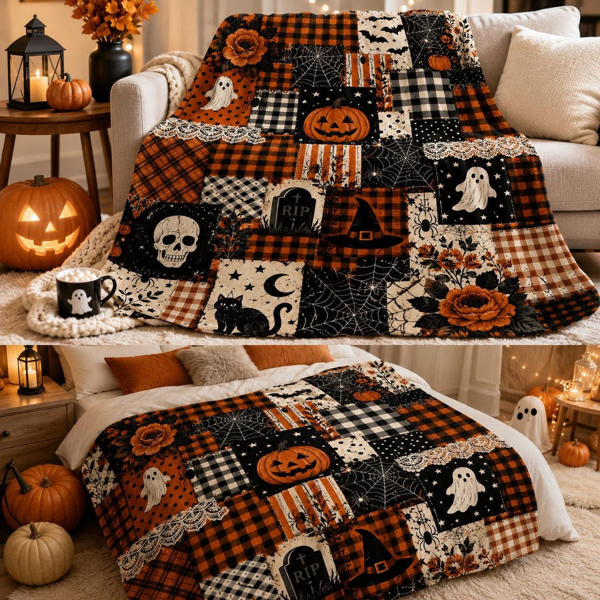 Halloween Patchwork Blanket Custom Pumpkin Ghost Buffalo Plaid Spooky Fall Cozy