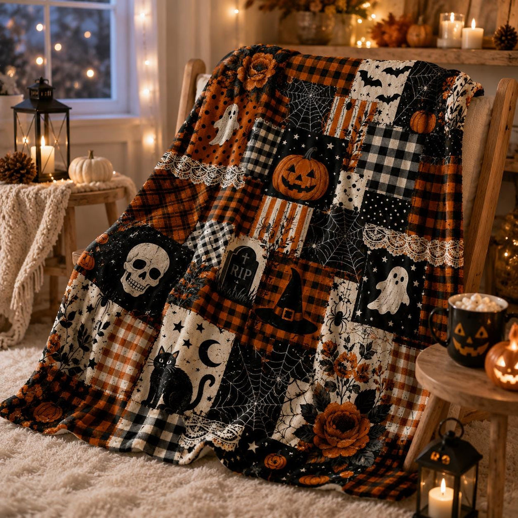 Halloween Patchwork Blanket Custom Pumpkin Ghost Buffalo Plaid Spooky Fall Cozy