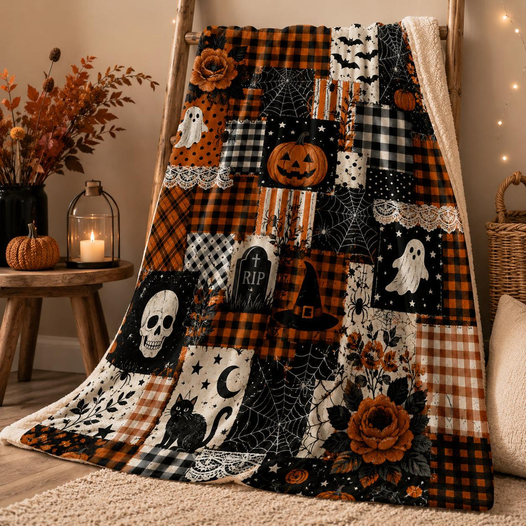 Halloween Patchwork Blanket Custom Pumpkin Ghost Buffalo Plaid Spooky Fall Cozy