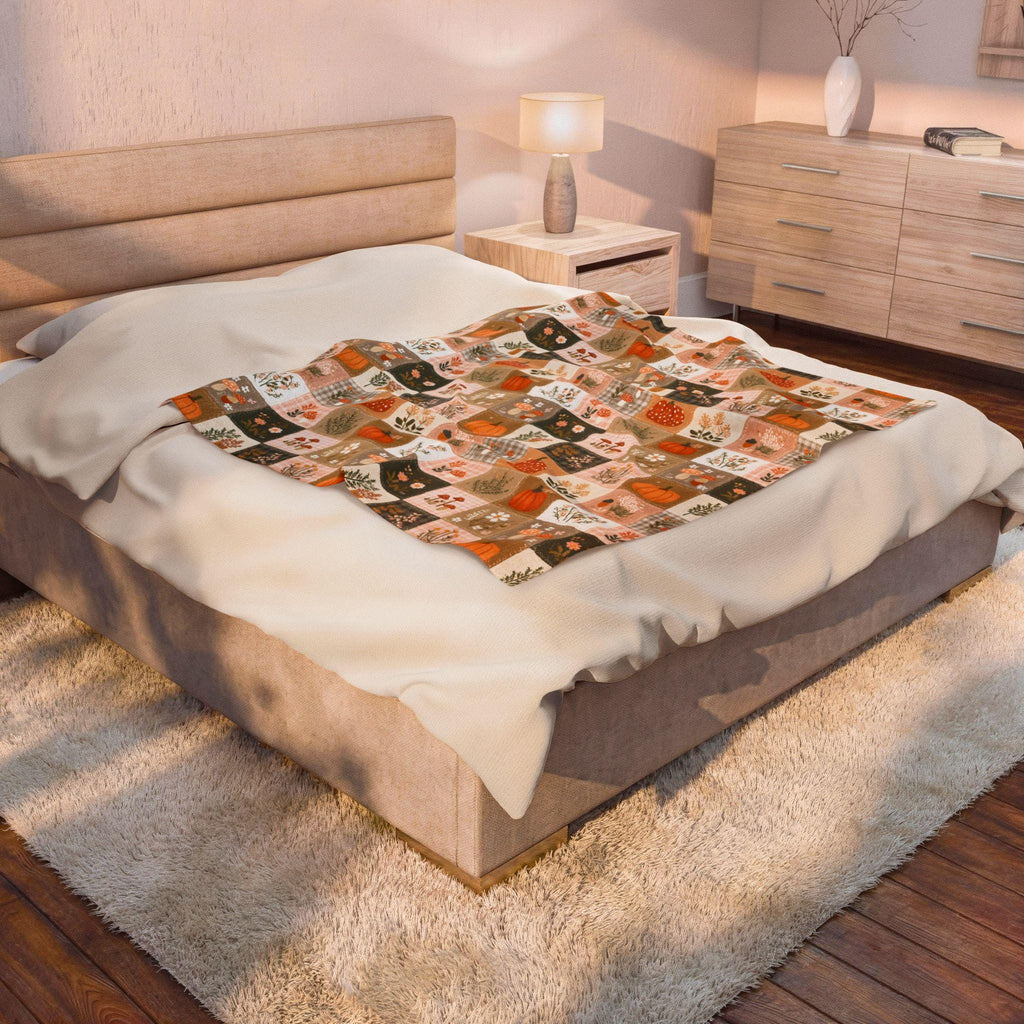 Patchwork Pumpkin Plush Blanket | Cozy Fall Harvest Plaid Throw
