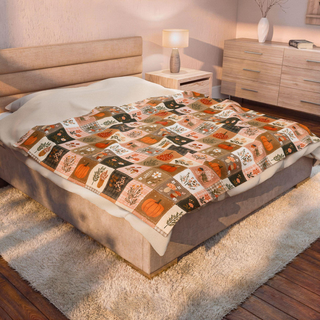Patchwork Pumpkin Plush Blanket | Cozy Fall Harvest Plaid Throw
