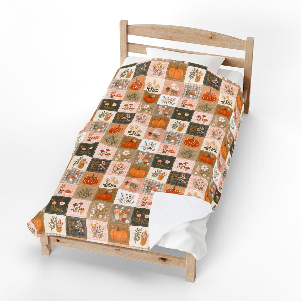 Patchwork Pumpkin Plush Blanket | Cozy Fall Harvest Plaid Throw