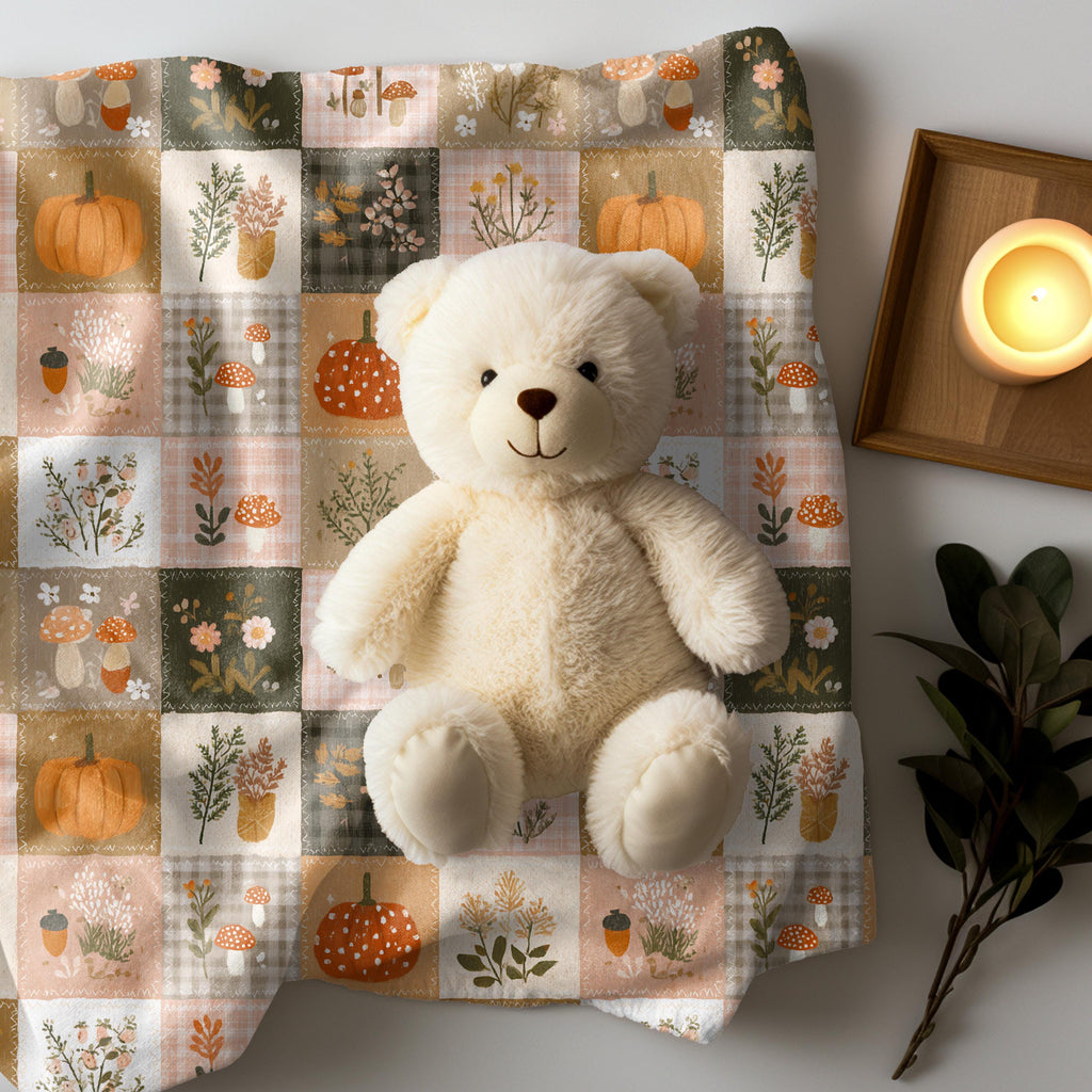 Patchwork Pumpkin Plush Blanket | Cozy Fall Harvest Plaid Throw